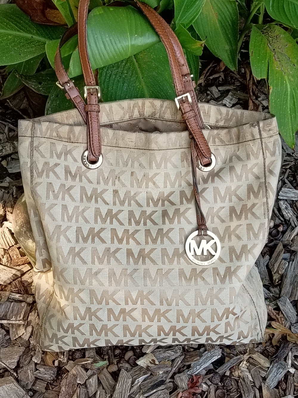 Signature Michael Kors Tan Beige MK Tote with Brown Leather Straps